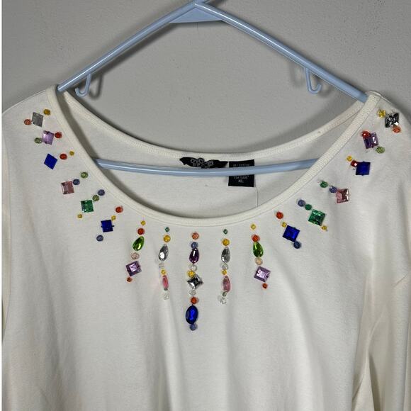 NWT Moka Sport White Rainbow Jeweled Rhinestone Cotton Blend Top Women's XL - Picture 3 of 7